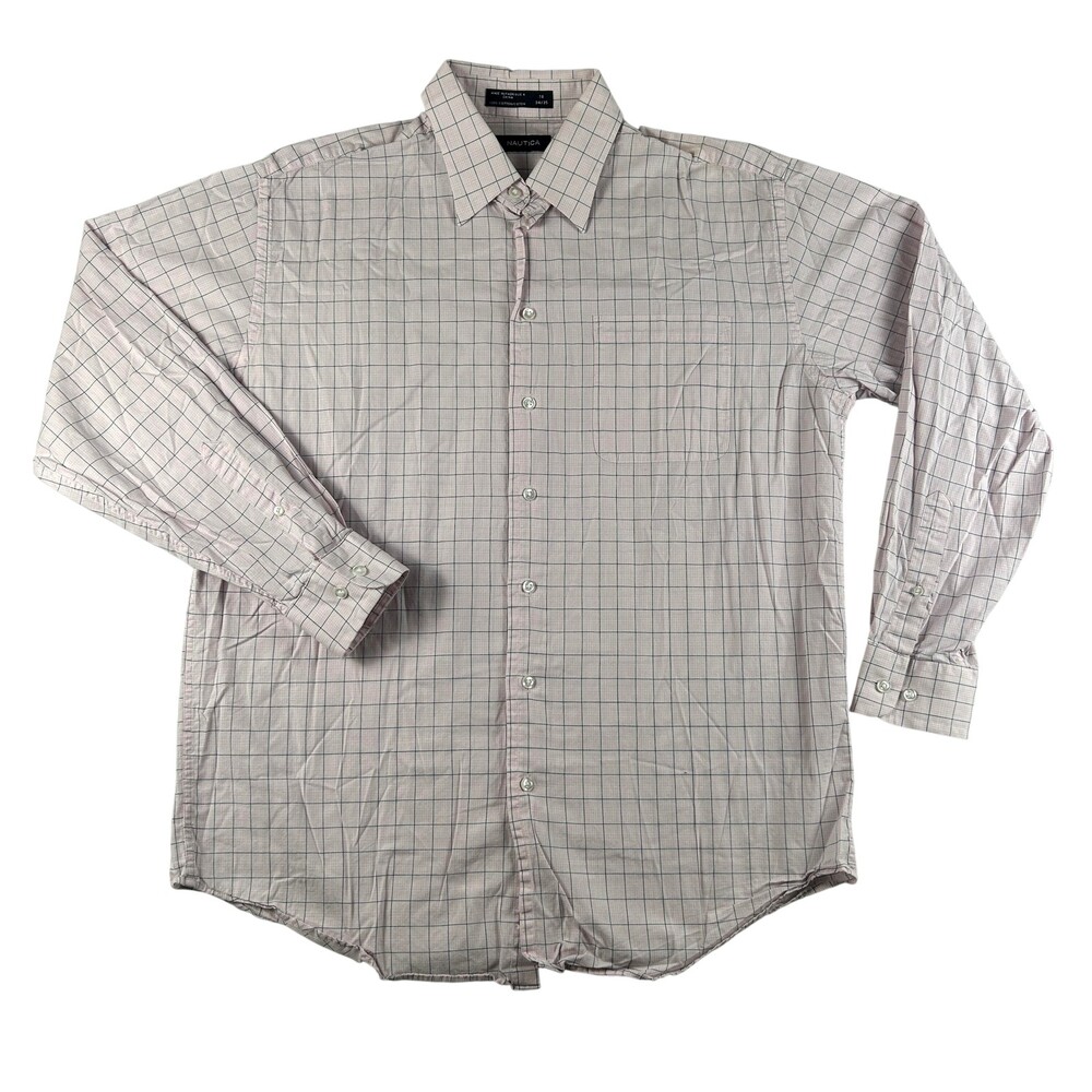 Nautica Dress Shirt Mens 16 34/35 Pink Check Long Sleeve Button Front Cotton